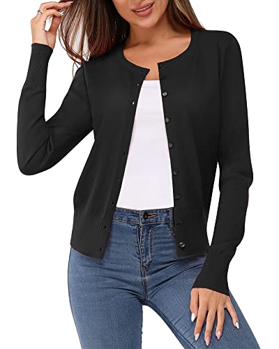 Newshows Women's 2023 Fall Lightweight Business Work Casual Long Sleeve Cotton Crew Neck Soft Knit Shrug Cardigan Sweater Dressy(Black,Large)