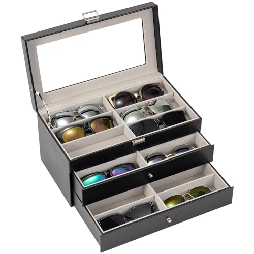 ProCase 3-layer Sunglasses Storage Organizer, 18 Slots Leather Sunglass Box Multiple Pairs Eyeglass Cases Eye Glass Eyewear Display Holder for Men Women -Black
