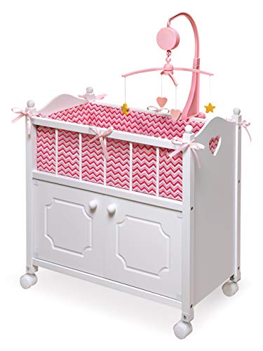 Badger Basket Toy Doll Bed with Storage Cabinet, Chevron Bedding, and Personalization Kit for 22 inch Dolls - White/Pink