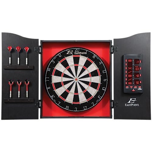 EastPoint Sports Tournament Bristle Dartboard and Easy Hang Cabinet with Electronic Scoreboard and 6 Steel Tip Darts