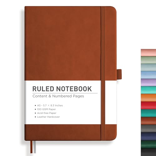 RETTACY Notebook Journal - A5 College Ruled Notebook with 192 Numbered Pages, Notebook for Work, School, Writing, 100 GSM Acid-Free Paper, Leather Hardcover, Inner Pocket, 5.7'' × 8.3'' (Brown)