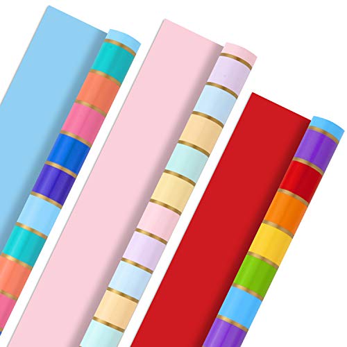 Hallmark All Occasion Reversible Wrapping Paper Bundle - Rainbow Stripes and Solid (3-Pack: 75 sq. ft. ttl.) for Birthdays, Weddings, Bridal Showers, Baby Showers, Valentine's Day and More