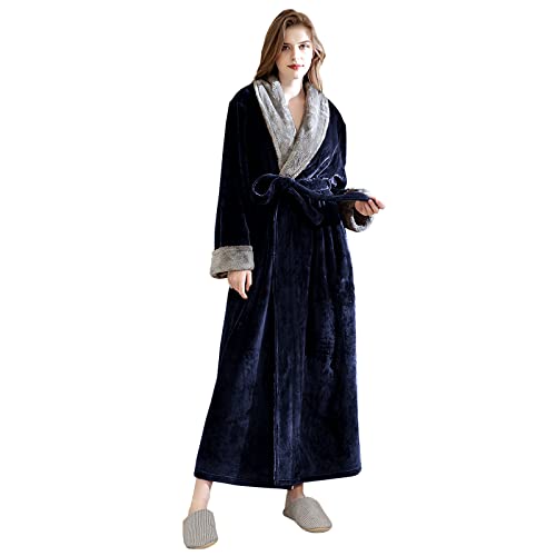Hellomamma Women's Fleece Robes, Long Winter Warm Soft Plush Bathrobes for women, Fluffy Comfy House Coat (Navy Blue, XL)
