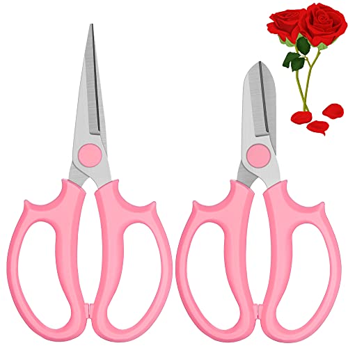 Garden Scissors, 2Pcs Pink Floral Shears, Flower Scissors with 2 Different Blades, Garden Pruning Shears with Comfortable Handles, Garden Clippers for Flower Arrangement, Fruit Picking Trimming