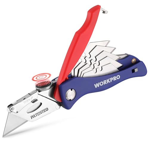 WORKPRO Folding Utility Knife, Quick-Change Box Cutter, Blade Storage in Handle with 5 Extra Blades Included