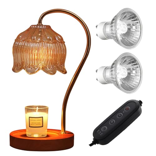 Geezo Fragrance Candle Warmer Lamp with 2 Bulbs Electric Candle Warmer with Timer & Dimmer for Home Decor Wax Melt for Small Large Size Jar Candles Retro Wooden Base