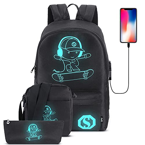 Pawsky Skateboard Anime Luminous School Backpack with USB Charging Port, Anti Theft Lock, Sling Bag & Pencil Case for Teen Boys and Girls, College Bookbag Lightweight Laptop Bag, Black