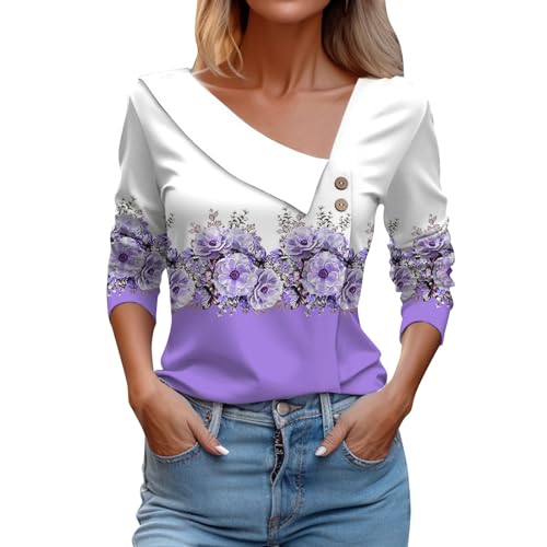 Womens Tops Button Decoration Henley Casual Shirts 3/4 Sleeve Geometric Print Blouses V Neck Summer Clothes(1D-Purple, XXL)