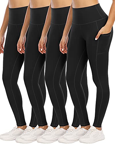 YOUNGCHARM 4 Pack Leggings with Pockets for Women,High Waist Tummy Control Workout Yoga Pants 4Black-L
