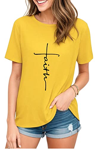 Women Cross Faith T-Shirt Printed Letter Christian Graphic Cute Tees(Yellow Crew,M)