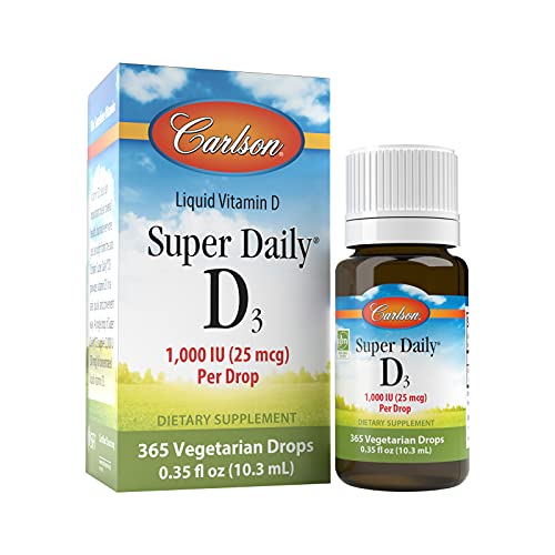 Carlson - Super Daily D3, Vitamin D Drops, 1,000 IU (25 mcg) per Drop, 1-Year Supply, Vitamin D3 Liquid, Heart & Immune Health, Vegetarian, Liquid Vitamin D3 Drops, Unflavored, 365 Drops