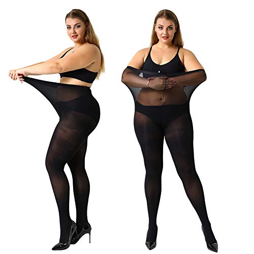 MANZI Women's Control Top Plus Size Tights for Women High Waist Opaque Pantyhose 2 Pairs Black XXXX-Large