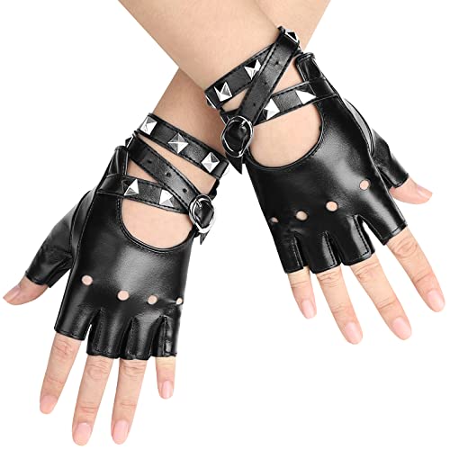 Accmor Leather Punk Gloves Fingerless Gloves for Women Driving Cycling Sports Cosplay Performance Half Finger Gloves for Women Teens Kids