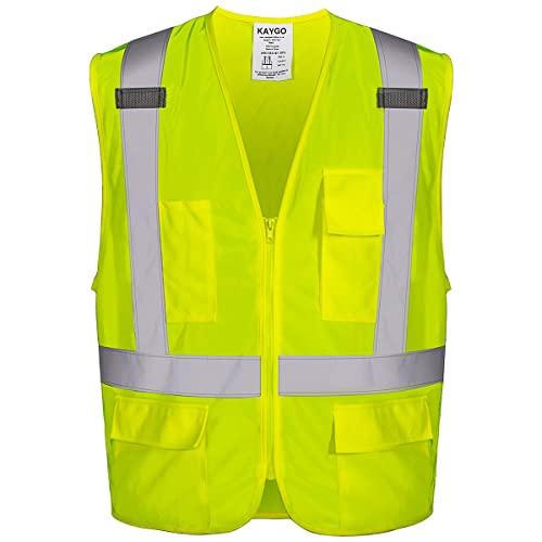 KAYGO High Visibility Safety Vest with Pockets and Zipper -KG0110 Reflective, ANSI Type R Class 2 Not FR,(Yellow,L)