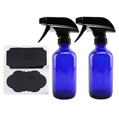 Cornucopia 8-Ounce Cobalt Blue Glass Boston Round Spray Bottles (2 Pack) 3-Setting Heavy Duty Sprayers, Empty Refillable Bottle for Essential Oil Blends, DIY Cleaning & More