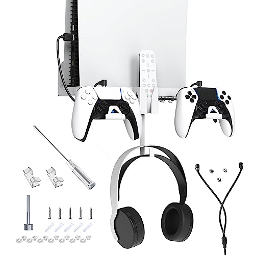 LA TALUS PS5 Game Console Bracket Shelf 2 in 1 Magnetic Charging Cable with Headphone Hanger Wall Mount Easy Installation Multifunctional Game Controller Holder PS5 Accessories Kit White