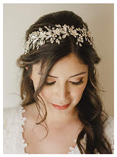 SWEETV Handmade Rhinestone Wedding Headband Flower-Leaf Bridal Headpieces for Wedding Pearl Hair Accessories (Silver)