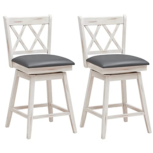 COSTWAY Bar Stool Set of 2, 360° Swivel Counter Height 25inch Bar Stool with Foot Rest Upholstered Cushion & Ergonomic Backrest, Sturdy Frame, for Pub, Restaurant, Home (2, Antique White + Grey)