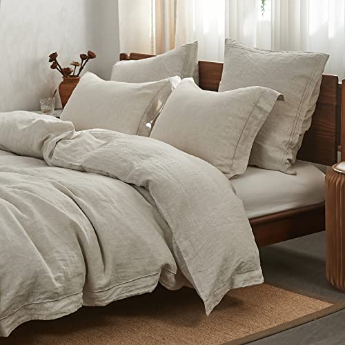Simple&Opulence 100% Linen Duvet Cover Set with Embroidery Washed - 3 Pieces (1 Duvet Cover with 2 Pillow Shams) with Button Closure Soft Breathable Farmhouse - Linen, King Size