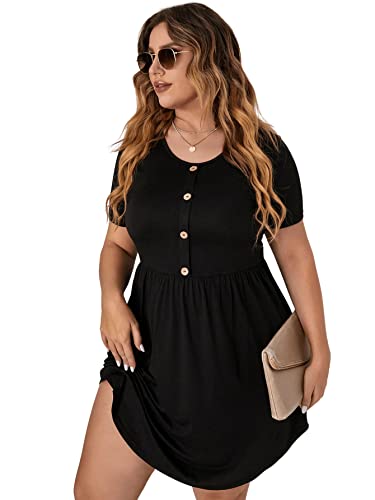 SOLY HUX Women's Plus Size Button Front Short Sleeve Scoop Neck High Waist A Line Dress Black 3XL