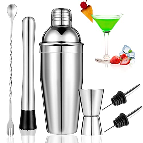 Cocktail Shaker Set, 6-Piece Bartender Kit Premium Shakers Bartending: Martini Shaker Measuring Jigger Mixing Spoon Muddler 2 Pourers Bar Tools Set with Built-in Bartender Strainer for Drink Shaker