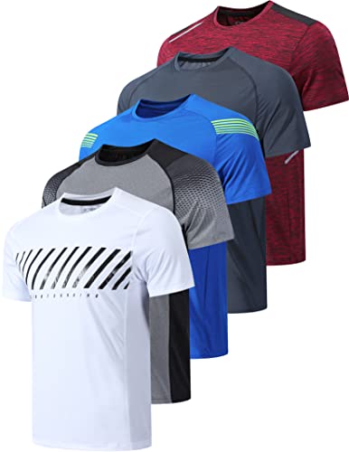 5 Pack Men’s Active Quick Dry Crew Neck T Shirts | Athletic Running Gym Workout Short Sleeve Tee Tops Bulk (Set 2, Medium)