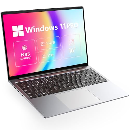 OTVOC Laptop 16 inch Windows 11 Pro, VocBook 16, Intel 12th Gen N95, Up to 3.4GHz, 16GB DDR5 RAM, 1TB PCIE NVME SSD, 16' FHD IPS 1920x1200, 2.0MP, 2.4G+5G WiFi, BT 5.0, HDMI, RJ45, Type C, Gray