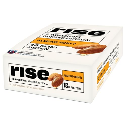 Rise Whey Protein Bars - Almond Honey | Healthy Breakfast Bar & Protein Snacks, 18g Protein, 4g Fiber, Just 3 Whole Food Ingredients, Non-GMO Healthy Snacks, Gluten-Free, Soy Free Bar, 12 Pack