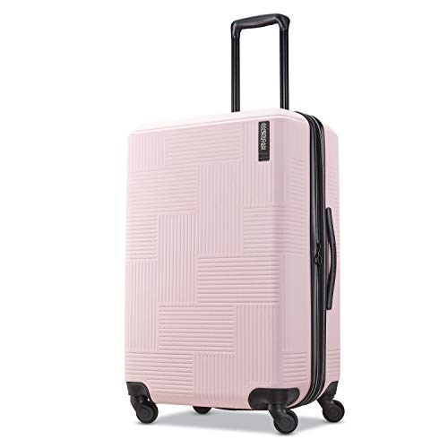 American Tourister Stratum XLT Expandable Hardside Luggage with Spinner Wheels, Pink Blush, Checked-Medium 24-Inch