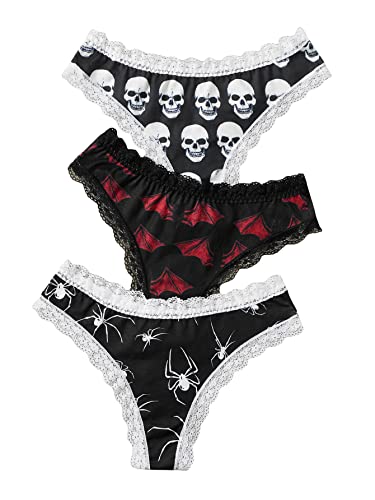 WDIRARA Women's 3 Pack Skull Graphic Print Lace Trim Underwear Panty Set Multicolor L