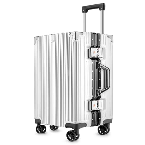 SIATELOO hard shell zipperless Carry On Luggage 22x14x9 Airline Approved, Aluminum Frame Suitcases With 360 Roller Spinner Wheels TSA Lock For Travel- 20 Inch White