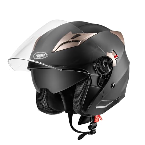 Motorcycle Open Face Helmet DOT Approved - YEMA Helmet YM-627 Motorbike Moped Jet Bobber Pilot Crash Chopper 3/4 Half Helmet with Sun Visor for Adult Men Women - Matte Black,Medium