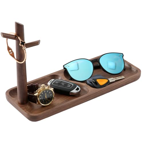 CYQGDKF Walnut Wood Key Tray for Entryway Table, Jewelry Tray, Catchall Tray with 3 Stand Hanging Organizer, for Rings, Phone, Bracelets Watches