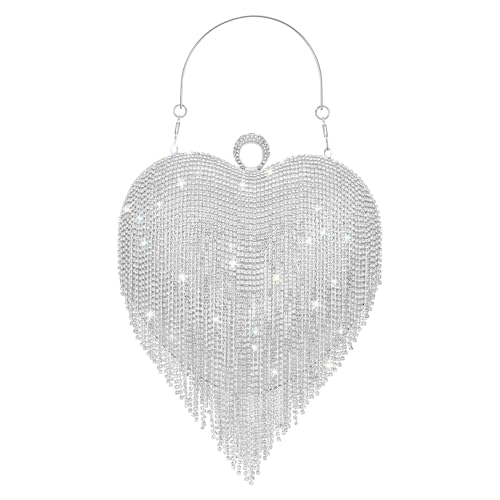 SWEETV Womens Rhinestone Heart Purse,Sparkly Crystal Evening Clutch Bag for Formal/Wedding/Cocktail/Prom/Party/Club,Sequin Glitter Purse,Silver,Medium