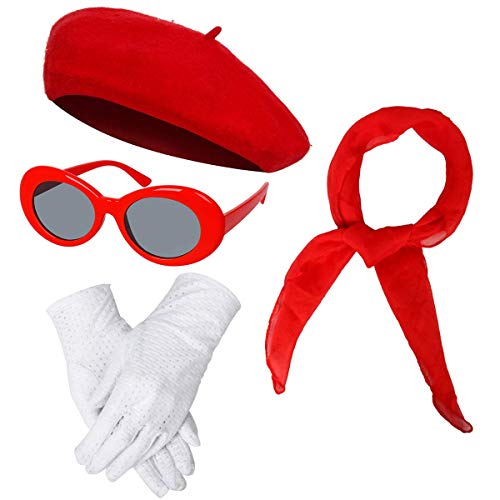 Women Girls French Themed Party Beret Hat Chiffon Scarf Gloves Retro Oval Sunglasses Fancy Dress Costume accessories Set (Red)