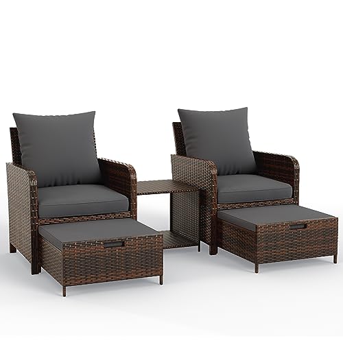 UDPATIO Balcony Furniture Patio Set with Ottoman, Patio Bistro Set 5 Piece Wicker Patio Furniture Set with Footrest for Front Porch Small Space
