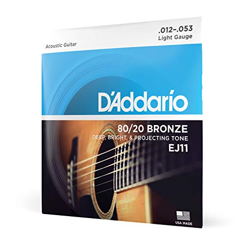 D'Addario Guitar Strings - Acoustic Guitar Strings - 80/20 Bronze - For 6 String Guitar - Deep, Bright, Projecting Tone - EJ11 - Light, 12-53