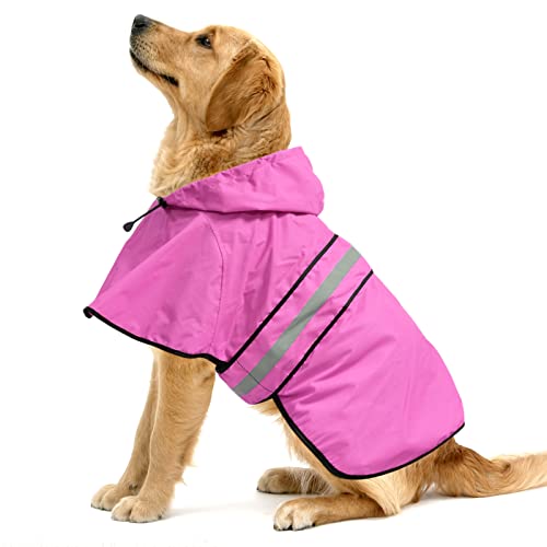 Ezierfy Reflective Dog Rain Coat - Waterproof Adjustable Pet Rain Jacket, Lightweight Dog Hooded Poncho Raincoat for Small to X- Large Dogs and Puppies (Pink, Large)