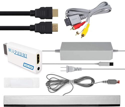 ＲＵＥＩＵＲＩ 5 in 1 Wii Sensor Bar + Wii Composite Audio Video Cable+Wii to HDMI Adapter+ 5ft HDMI Cable+Wii Power Cord AC Adapter Cables Set Compatible with Wii Console (Not for Wii U)