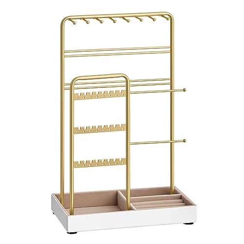 SONGMICS Jewelry Holder, Jewelry Organizer, Mother's Day gifts, Jewelry Display Stand with Metal Frame and Velvet Tray, Necklace Earring Bracelet Holder, for Studs, Rings, Gold Color UJJS021A01