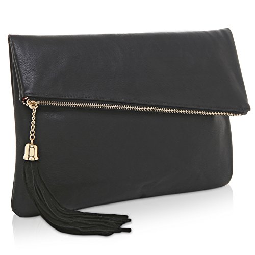 MG Collection Black Clutch Purses for Women Evening or Casual Handbag with Foldover Design, Zipper and Decorative Tassel