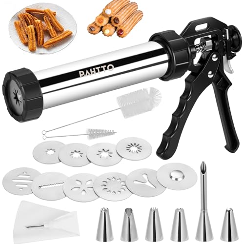 PAHTTO Churro Maker Machine, Stainless Steel Churros Gun Kit, Hollow Churro, Durable, Piping Bag, Churro Filler, 6 Piping Nozzles and 9 Cookie Discs, Easy to Clean with 2 brushes, Cookie Maker Machine