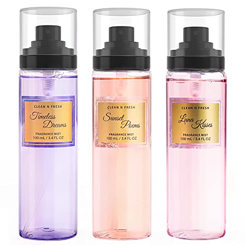 Clean-n-Fresh Body Spray, Mist for Women, Fragrance Sets, Pack of 3, Each 3.4 Fl Oz, Total 10.2 Oz