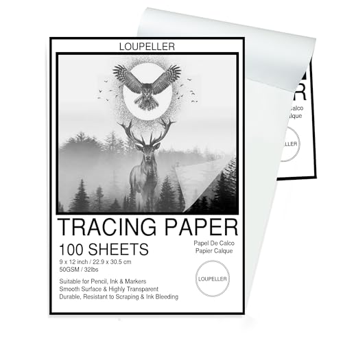 LOUPELLER Tracing Paper for Drawing 100 Sheets – 9” x 12” – 32lb / 50g – Wrinkle Free Highly Transparent Tracing Paper Pad – Works with Pen, Pencil & Marker – for Artists, Architects & Kids