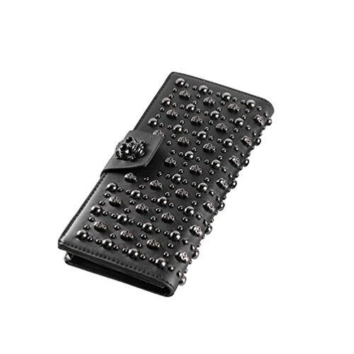 Shinywear Women's Black Long Skull Studded Purses Genuine Leather Card Holder Wallet