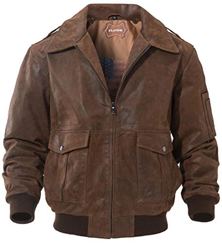 FLAVOR Men's Leather Flight Bomber Jacket Air Force Aviator. (XX-Large, Brown)