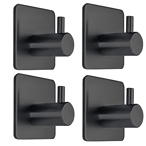 Fotosnow Black Adhesive Towel Hooks Heavy Duty Stick on Wall Hooks Shower Hooks for Bathroom Kitchen Door-4 Packs