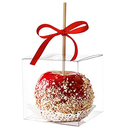 JOERSH 4x4x4 Inches Candy Apple Boxes with Hole and Paper Doilies Base 30 SETS Clear Caramel Apples Boxes for Treats | Food in Safe PET Plastic Box Fits Standard and Large Apple