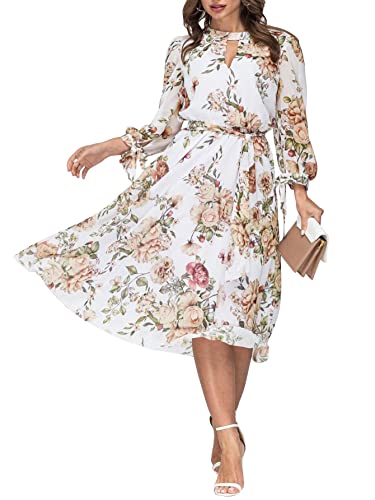 Aberyamee Women's O-Neck Elastic Waist Floral Flared Midi Dresses Bohemian Chiffon Casual Dress with Belt(MNL1215BS0L) White