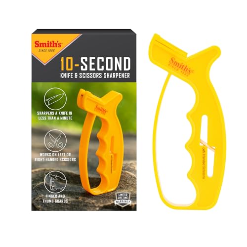 Smith’s JIFF-S 10-Sec Knife & Scissors Sharpener - Right & Left-Handed Scissors - Carbide Blades - Outdoor Sharpener for Pocket, Hunting, Fishing & Kitchen Knives - Handheld Pullover Sharpener